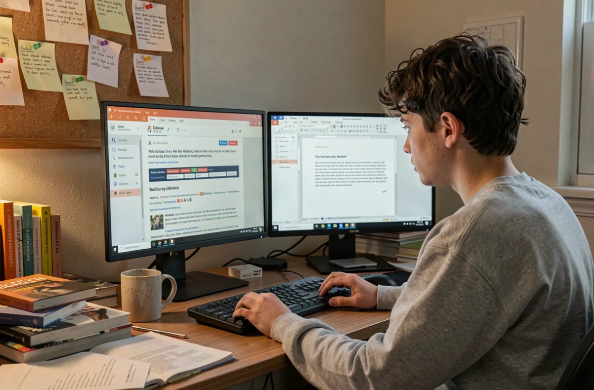 Lycéen utilisant une encyclopédie en ligne collaborative pour rédiger un devoir scolaire sur ordinateur à son bureau