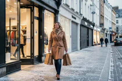 Femme avec des sacs de courses devant un magasin ouvert un dimanche matin en hiver