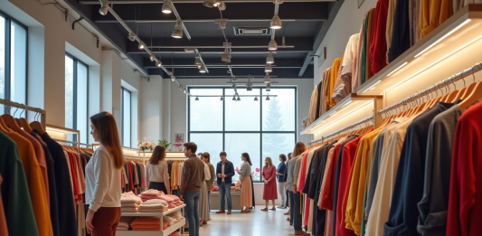 Marché du vêtement : bilan et perspectives en 2025 Intérieur d un magasin de vêtements moderne avec clients