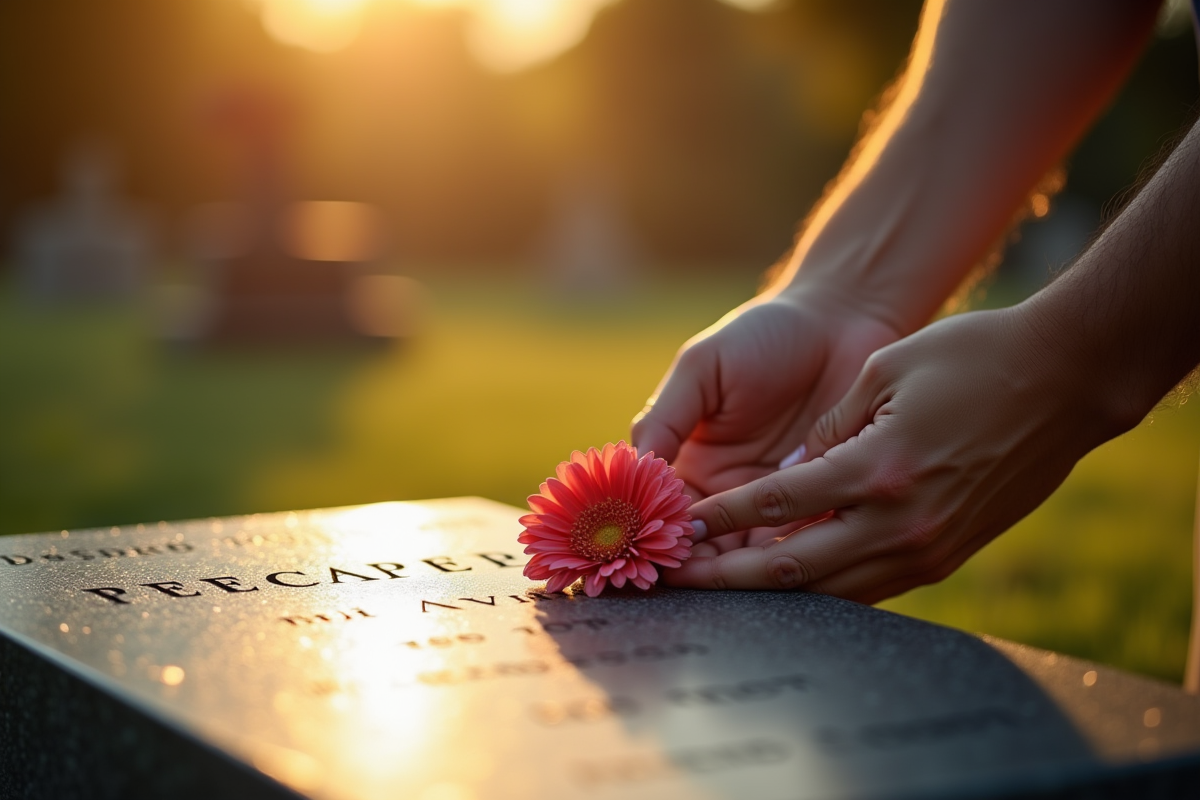 Main déposant une fleur sur la tombe au coucher du soleil