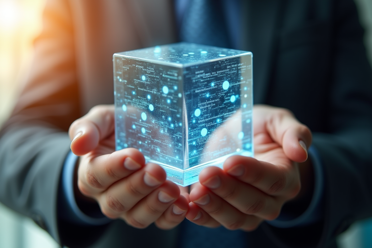 Mains tenant un glcube avec symboles de programmation et IA