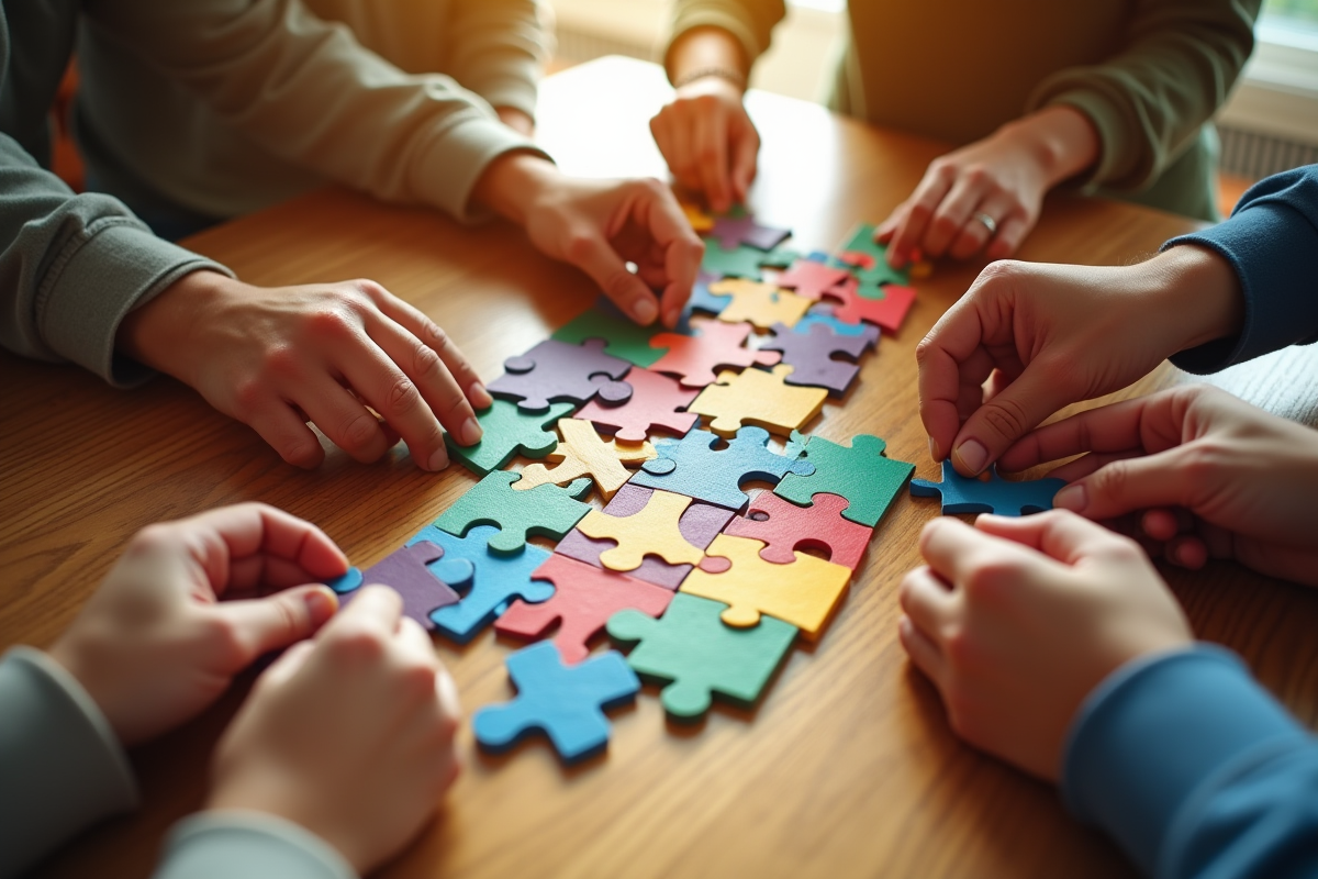 Mains assemblant des pièces de puzzle pour symboliser le travail d