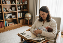 Maman et bébé regardent un album photo dans le salon