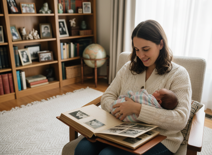 maman-bebe-album-photo Maman et bébé regardent un album photo dans le salon