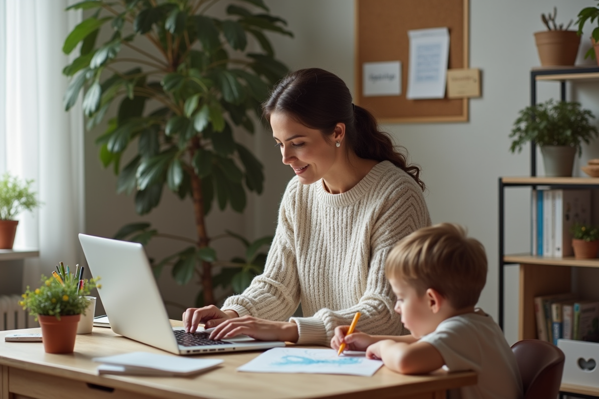 Maman travaillant sur son ordinateur avec son enfant qui dessine