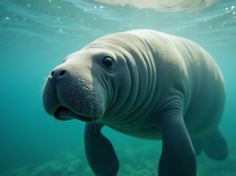 Lamantin : doux géant des mers menacé d’extinction Une lamantine nageant dans des eaux peu profondes ensoleillees