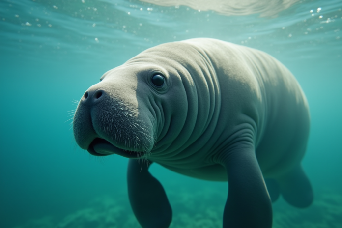 Une lamantine nageant dans des eaux peu profondes ensoleillees