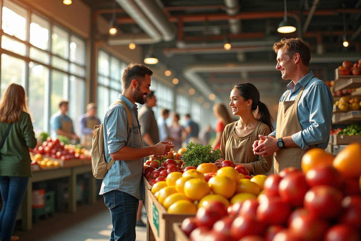 Scène de marché local avec clients et vendeurs souriants en lumière naturelle