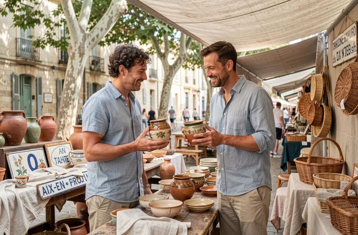 Couple choisissant des céramiques provençales anciennes sur un stand de brocante au marché d'Aix-en-Provence