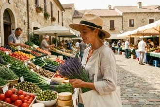Femme au chapeau de paille faisant ses courses au marché d'Aix-en-Provence avec des légumes frais et de la lavande dans son panier