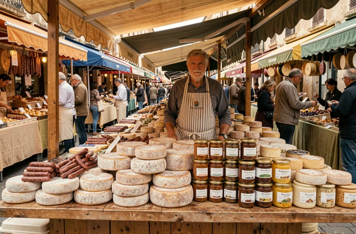 Vendeur de fromages et spécialités provençales derrière son étal en bois au marché d'Aix-en-Provence