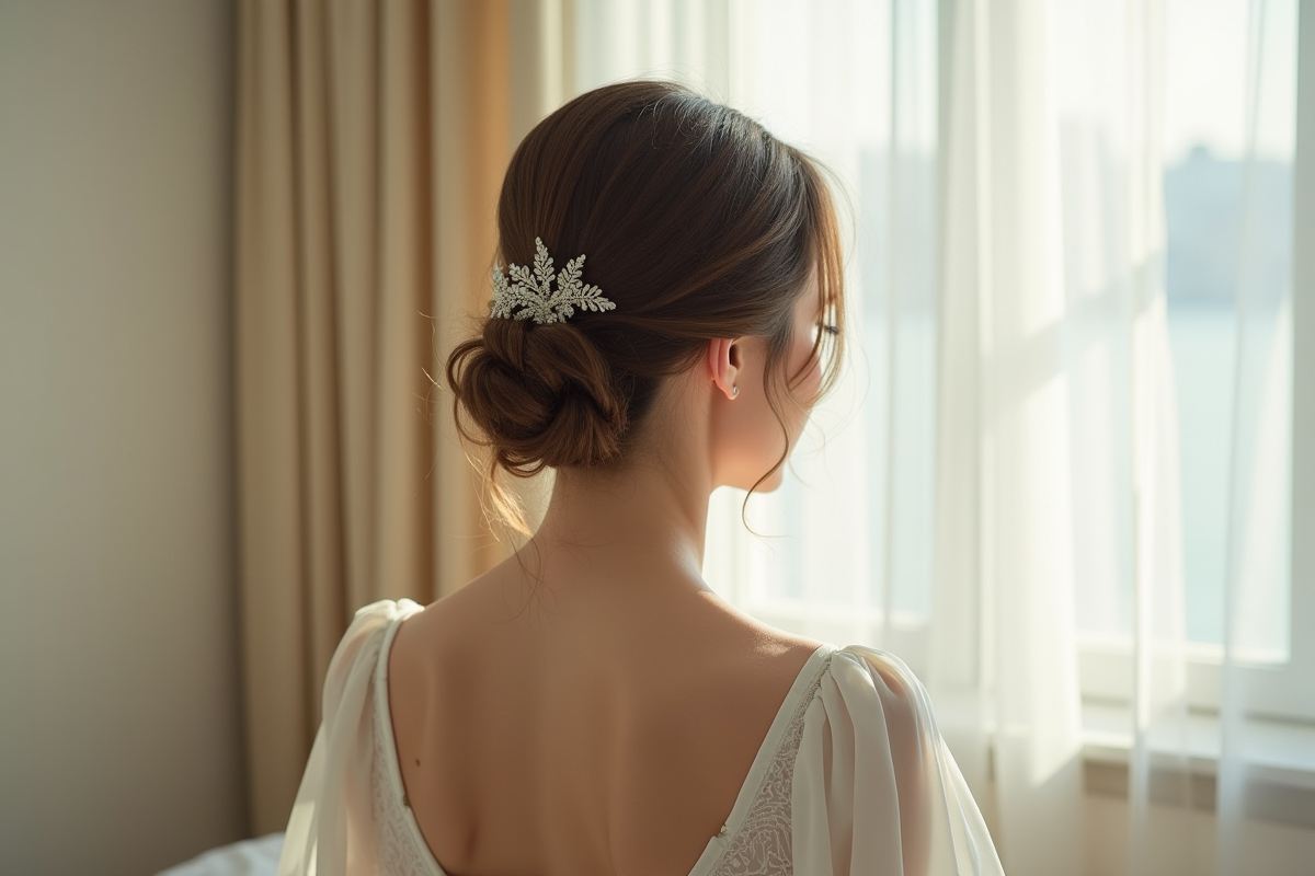 Mariée vue de dos avec coiffure minimaliste