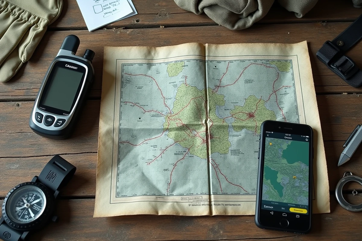 Vue en plongée d'un récepteur GPS, d'une carte topographique et d'un smartphone affichant un tracé GPS sur une table en bois