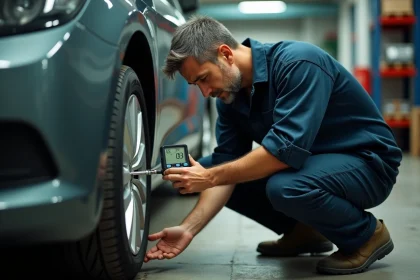 Mécanicien automobile utilisant un manomètre numérique pour mesurer la pression des pneus en psi et bar dans un garage professionnel