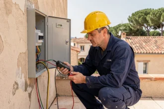 Électricien professionnel inspectant un tableau électrique sur un bâtiment dans les Bouches-du-Rhône