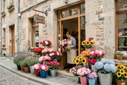 Devanture d'un fleuriste pittoresque en Isère avec des bouquets colorés exposés sur le trottoir en pavés