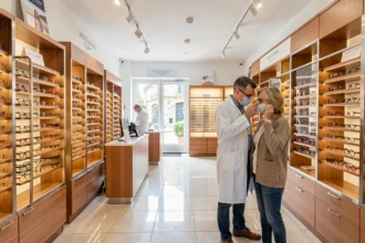 Intérieur d'un magasin d'optique moderne en Vendée avec un opticien conseillant un client