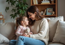 Mère réconfortant sa fille dans un salon chaleureux