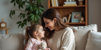 Mère réconfortant sa fille dans un salon chaleureux