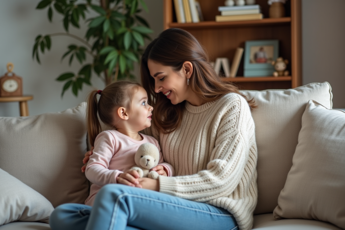 Mère réconfortant sa fille dans un salon chaleureux