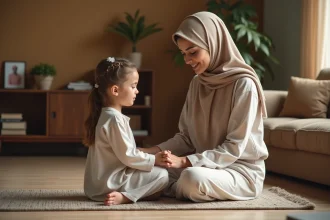 Une mère en hijab beige guidant une jeune fille dans la pratique de la prière sur un tapis de prière dans un salon chaleureux à Reims