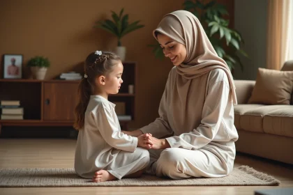 Une mère en hijab beige guidant une jeune fille dans la pratique de la prière sur un tapis de prière dans un salon chaleureux à Reims