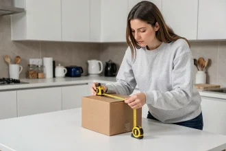Femme mesurant un colis avec un mètre ruban pour vérifier les dimensions compatibles avec un casier Vinted Go