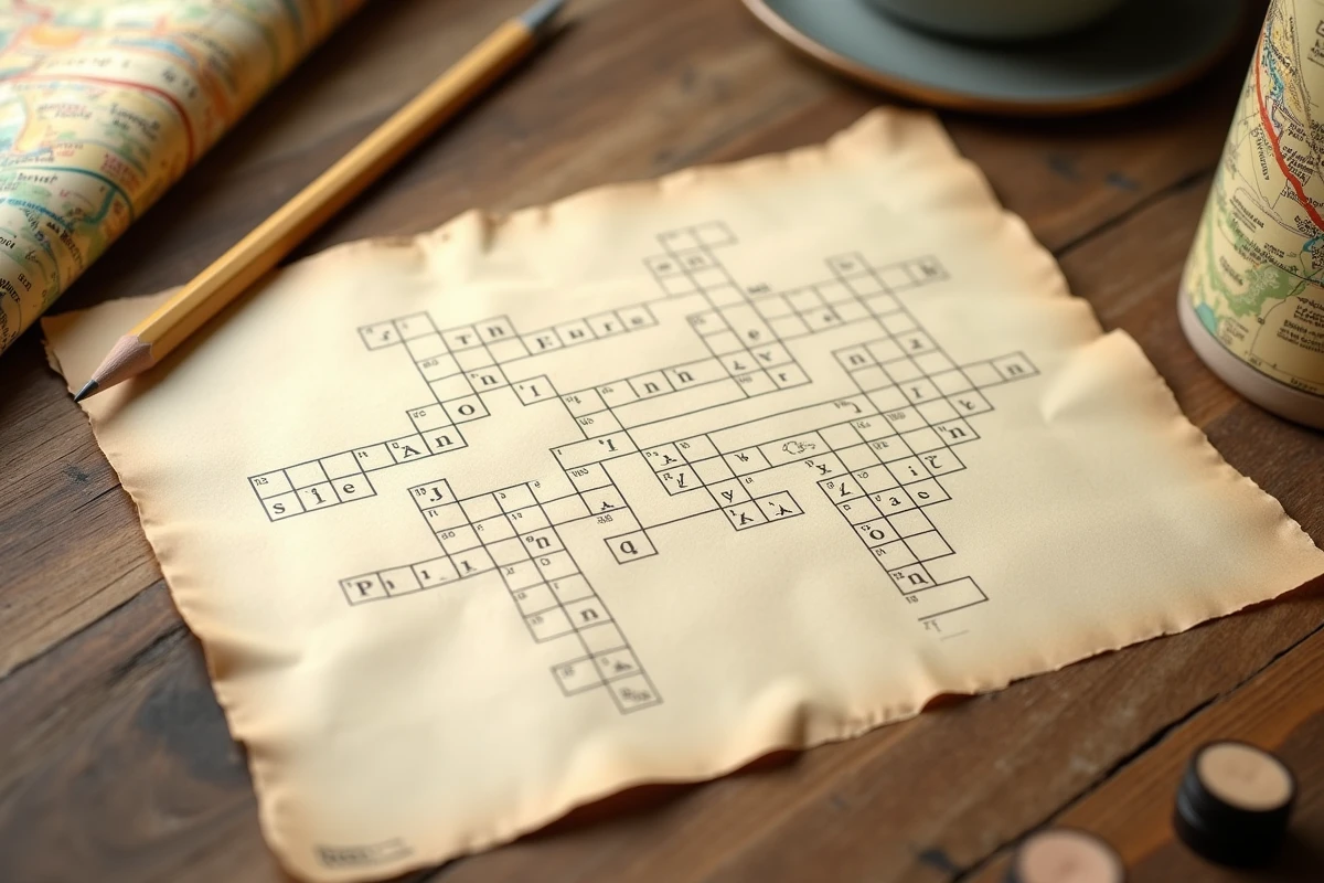Grille de mots croisés avec une case de quatre lettres représentant une ville du Nevada posée sur une table en bois avec une carte routière