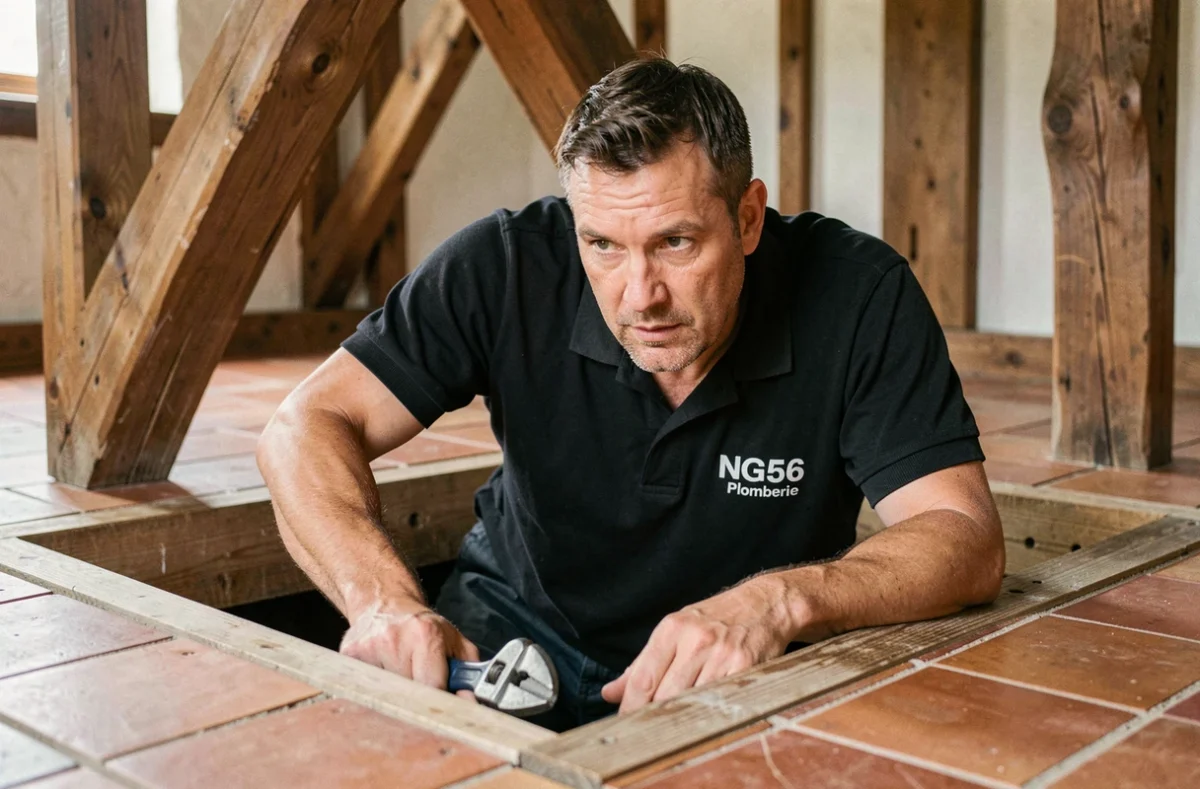 Plombier NG56 Plomberie intervenant sous le plancher d'une vieille ferme bretonne avec poutres en chêne