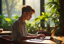 Nomade digital travaillant dans un café lumineux à Chiang Mai