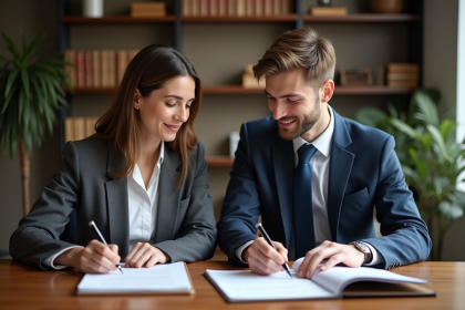 Femme d'âge moyen et jeune homme en réunion au bureau