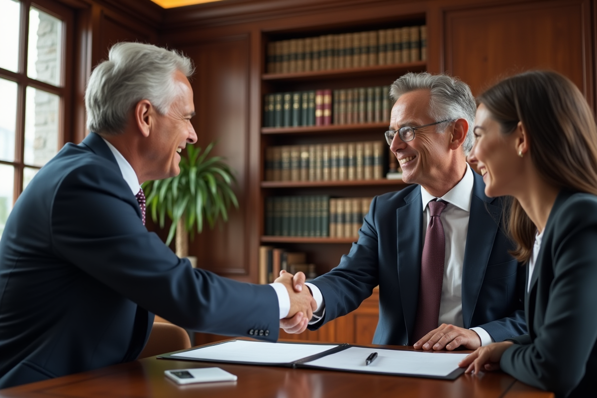 Notaire en costume serrant la main à un jeune couple dans un bureau