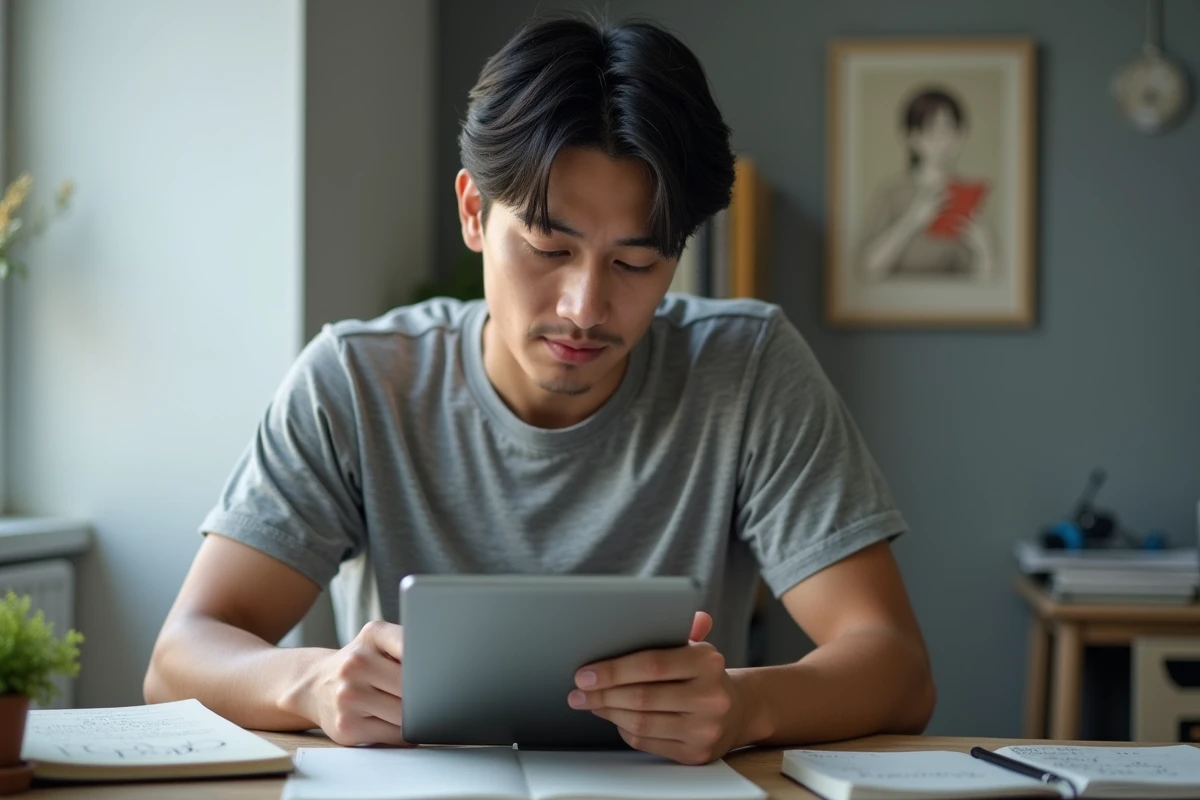 Jeune homme découvrant le genre BL yaoi sur tablette à son bureau — erreurs à éviter en tant que nouveau fan