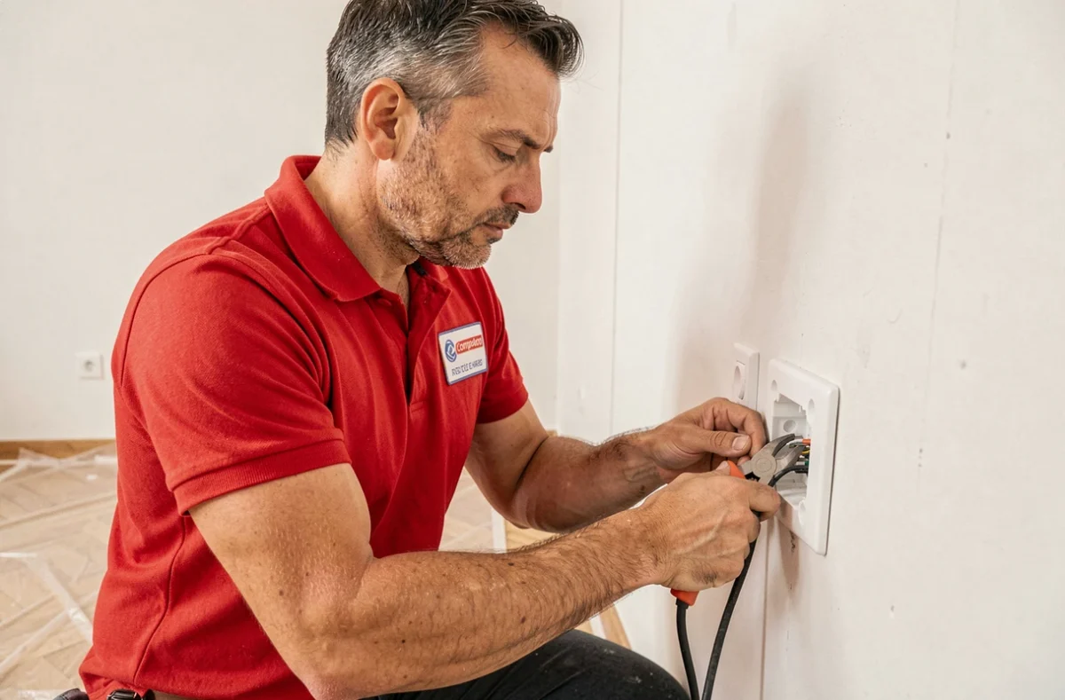 Électricien de la société Ôcourant câblant une prise électrique dans un appartement rénové à Marseille