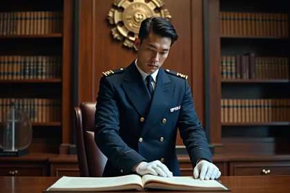 Officier en uniforme dans un bureau élégant et chargé