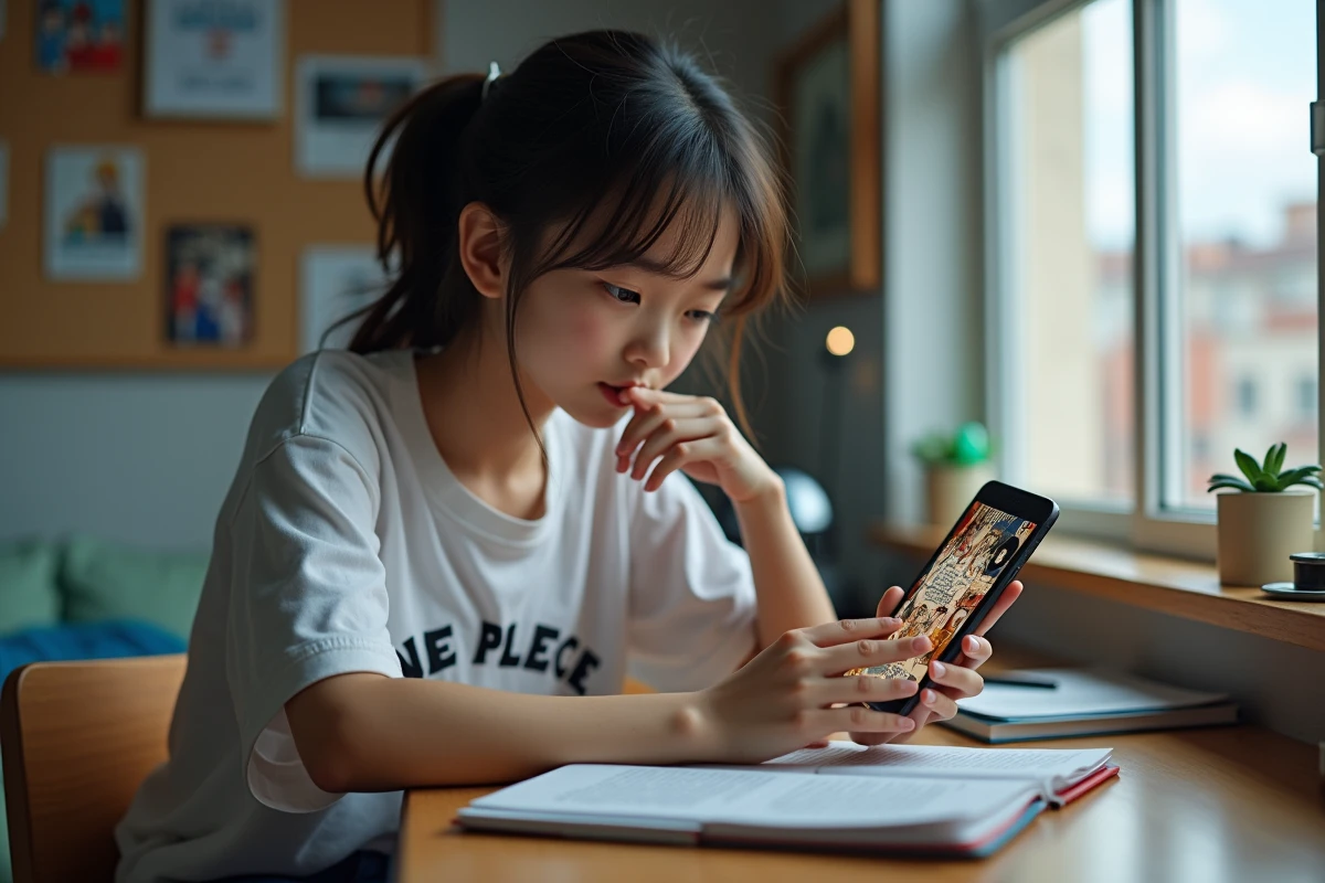 Adolescente consultant le manga One Piece sur application mobile depuis son bureau d'étudiante
