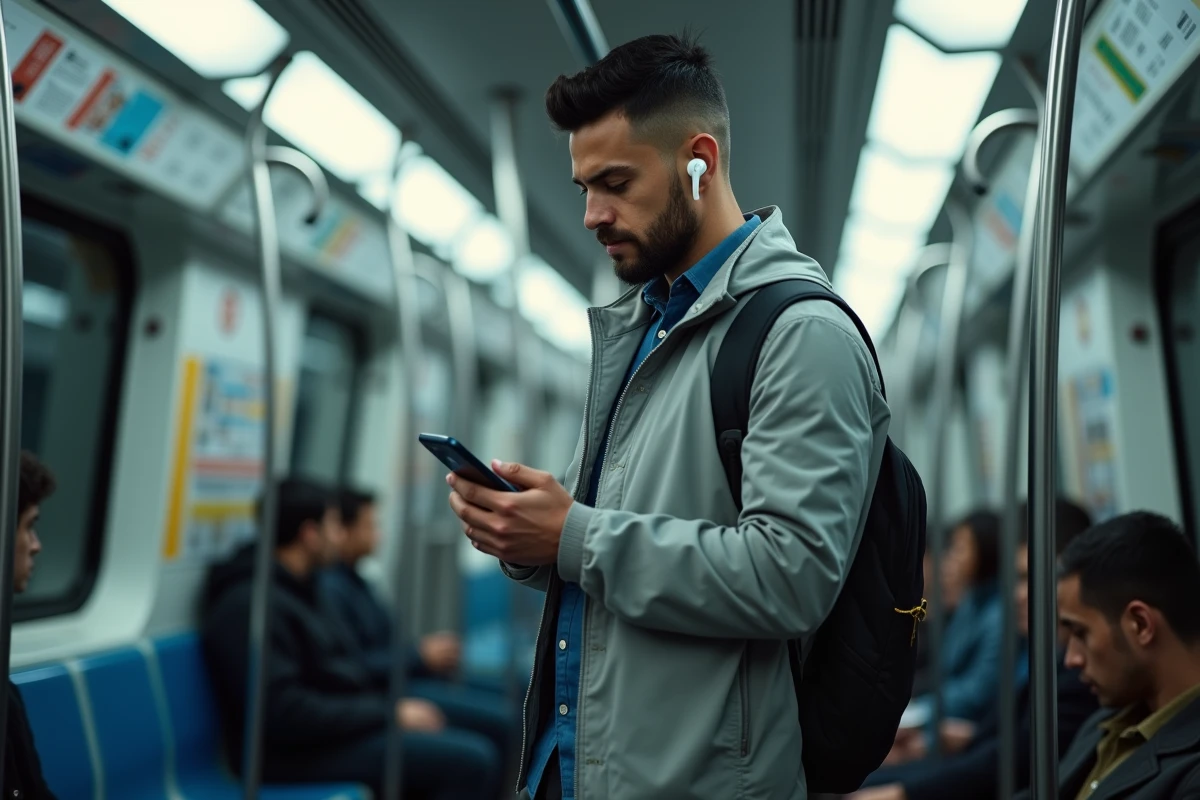 Homme lisant One Piece sur mobile dans le métro pendant son trajet quotidien