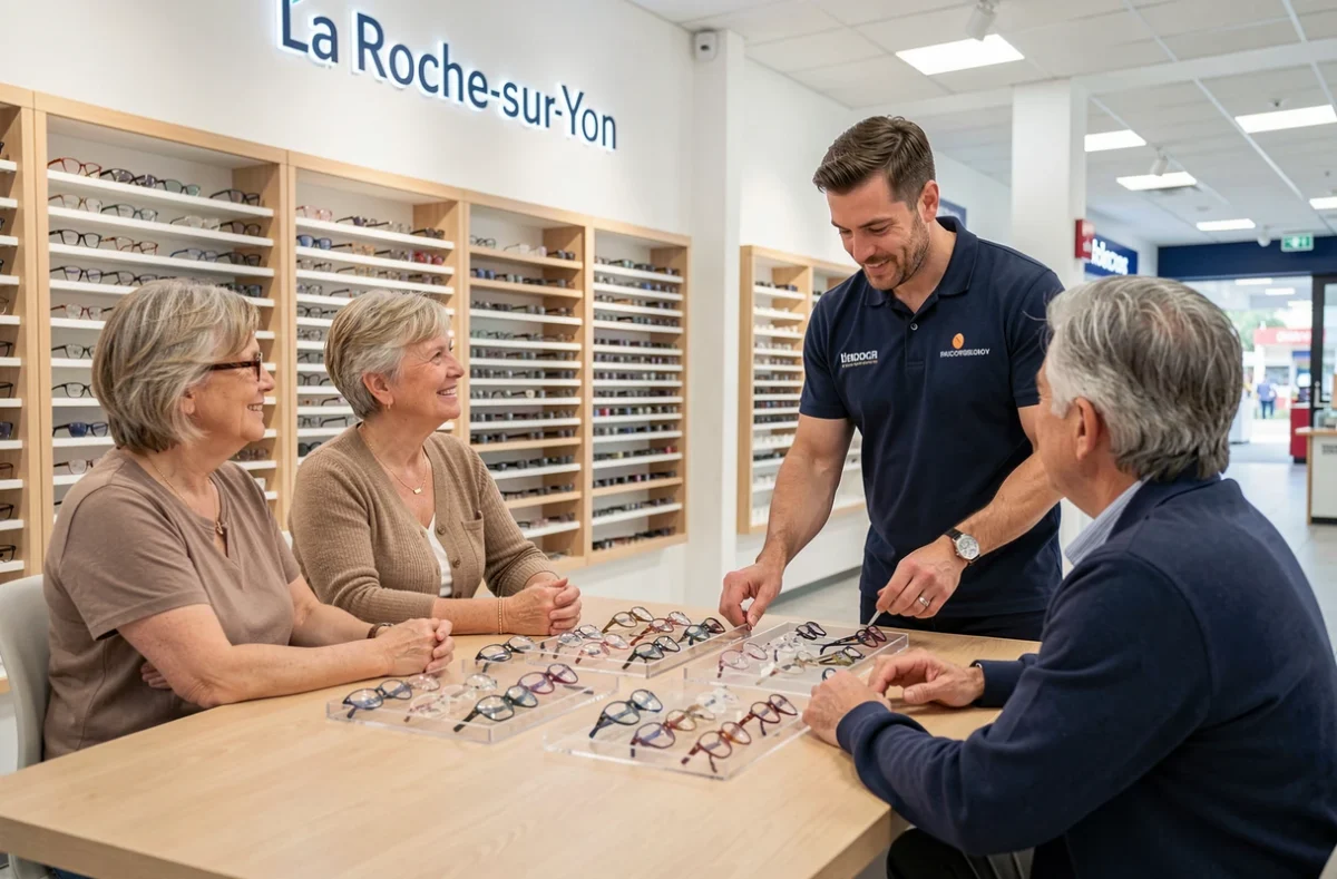 Opticien Krys à La Roche-sur-Yon présentant des montures à un couple dans un environnement de commerce moderne