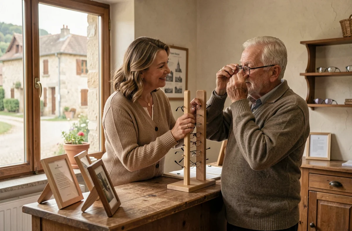 Opticienne d'Optique des Achards à La Mothe-Achard aidant un client âgé à essayer des lunettes dans une boutique de village