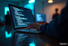 Ordinateur avec code lumineux et logo OpenAI reflet