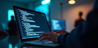 Ordinateur avec code lumineux et logo OpenAI reflet