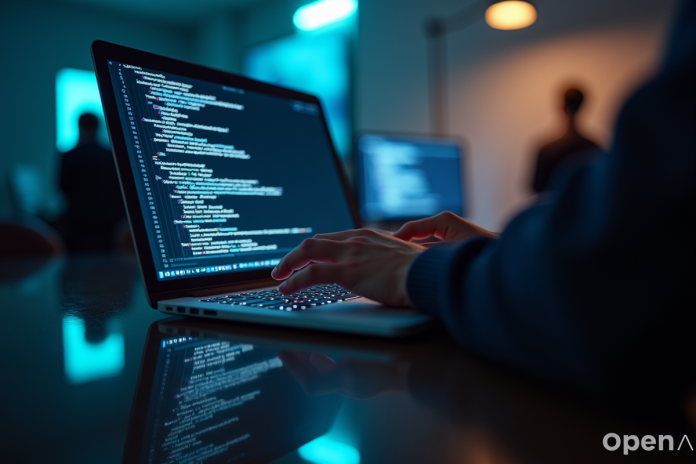 Ordinateur avec code lumineux et logo OpenAI reflet
