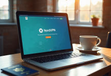 Ordinateur portable sur un bureau en bois avec site NordVPN et passeport israélien