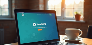 Ordinateur portable sur un bureau en bois avec site NordVPN et passeport israélien