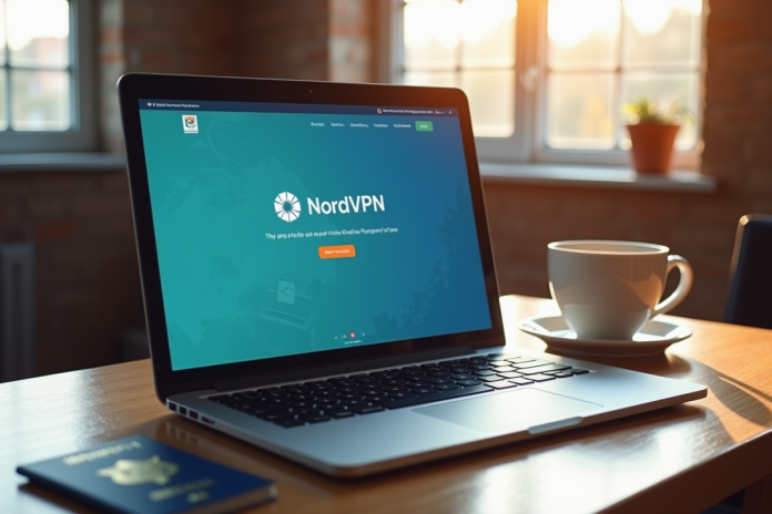 Ordinateur portable sur un bureau en bois avec site NordVPN et passeport israélien