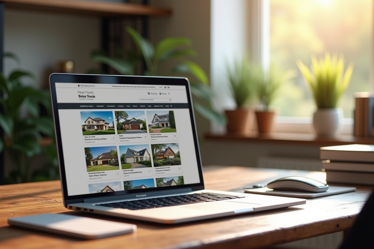 Ordinateur portable affichant des annonces immobilières dans un bureau lumineux