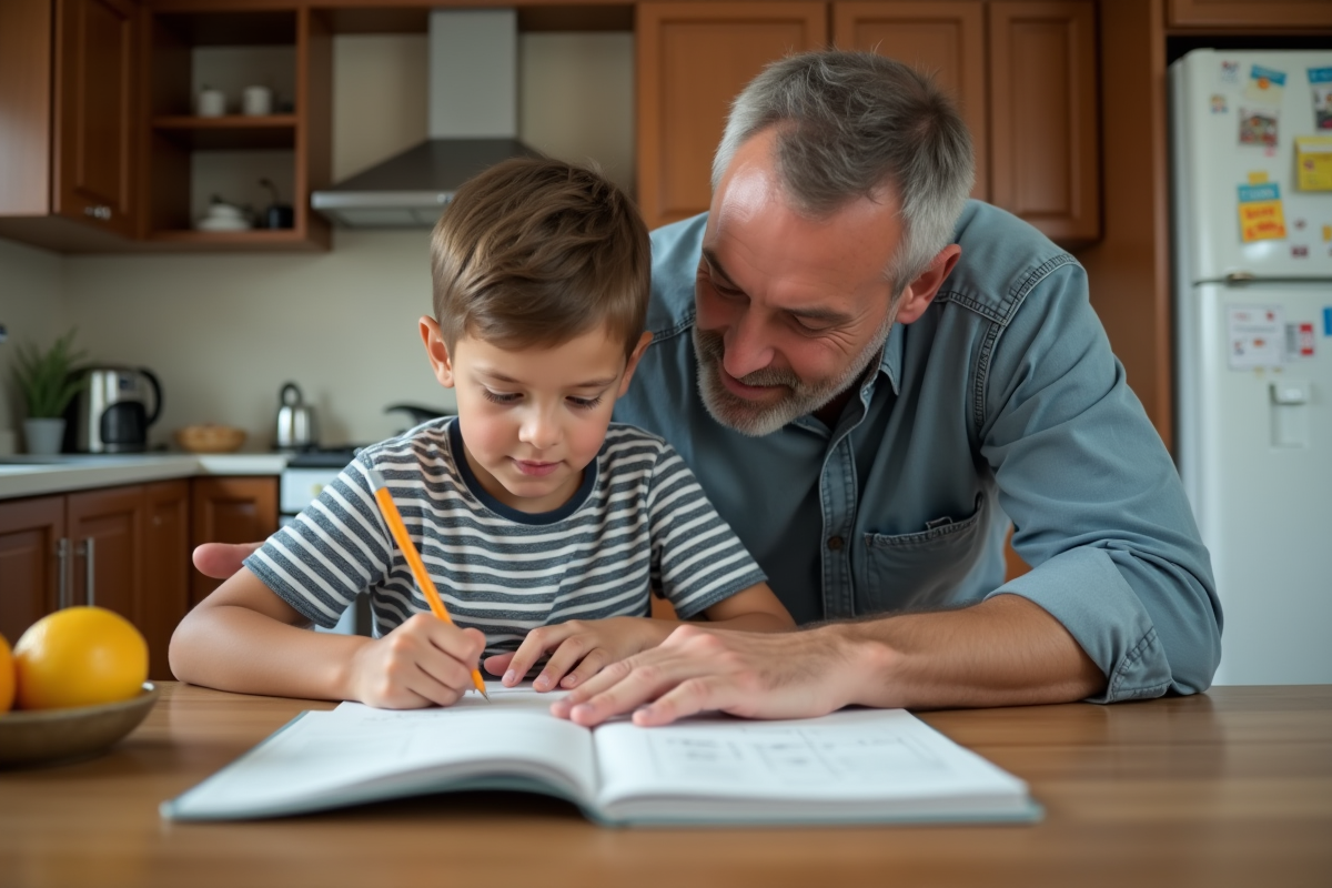 Père aidant son fils à faire ses devoirs à la cuisine