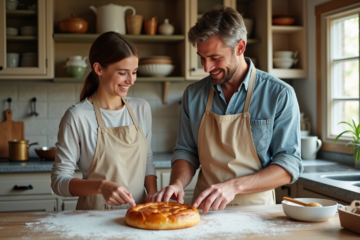 Père et fille préparant une galette des rois dans la cuisine