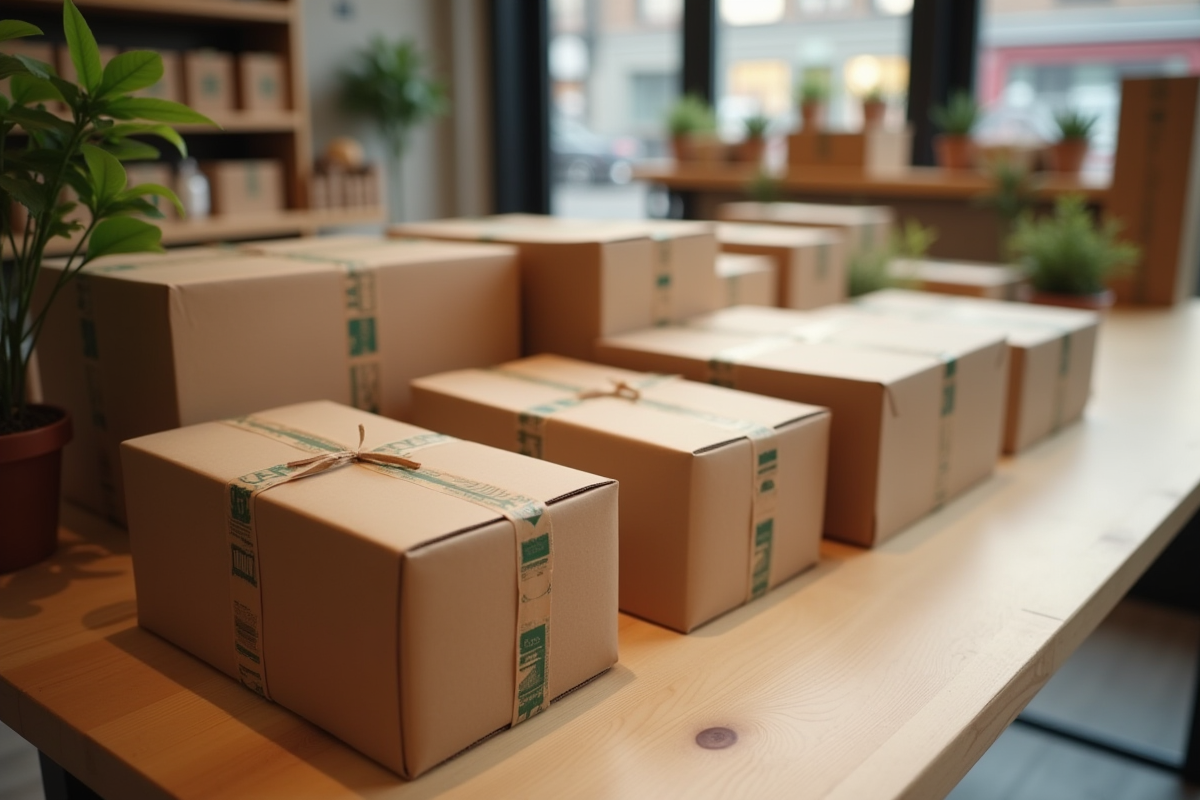 Paquets en carton sur une table en bois dans un magasin