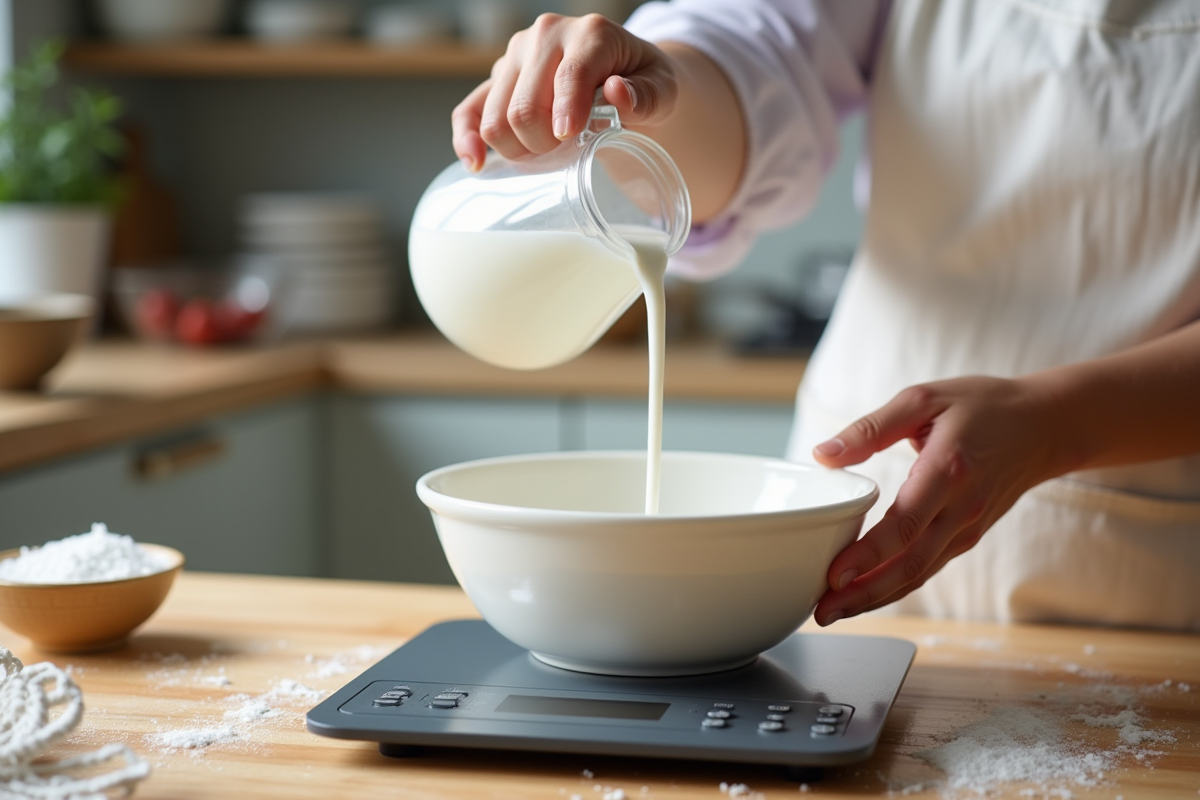 Pate versée dans un bol sur balance avec ingrédients
